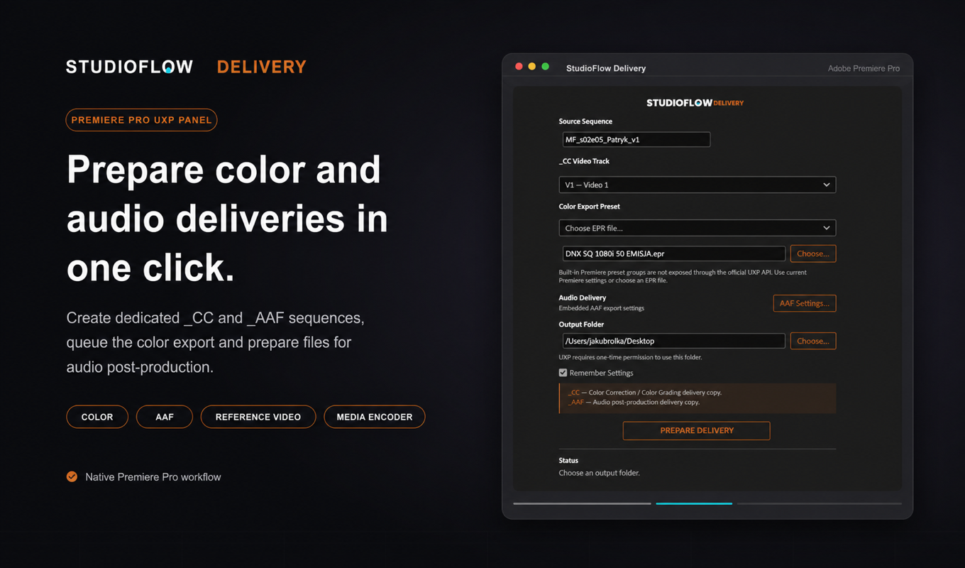 StudioFlow Delivery overview showing color and audio delivery preparation in Premiere Pro