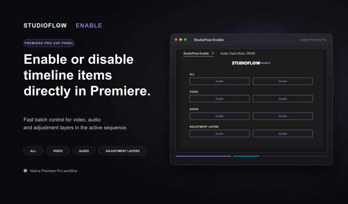 StudioFlow Enable overview showing batch controls for Premiere Pro timeline items