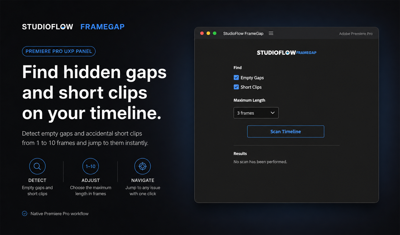 StudioFlow FrameGap overview showing timeline gap and short clip detection in Premiere Pro